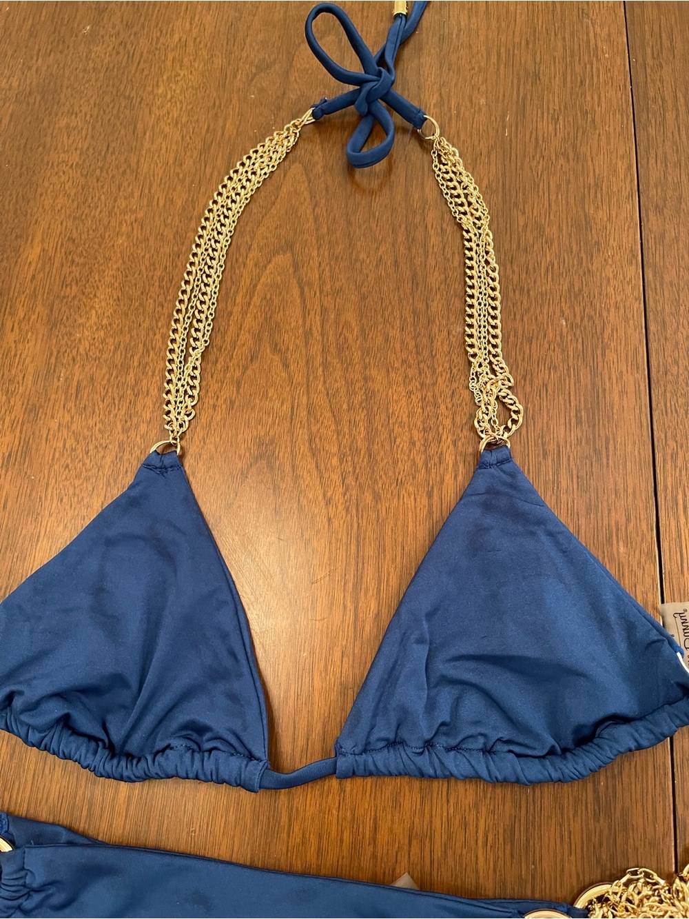 NWT beach bunny bikini Gold Chain Accent Navy Triangle Bikini Set - Women Swim - Picture 8 of 9